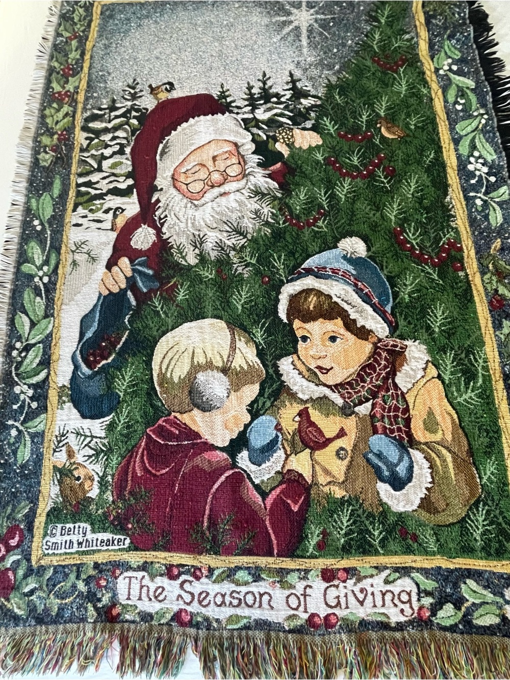 Betty Smith Whiteaker The Season of Giving Holiday Tapestry Throw Fringe Cotton